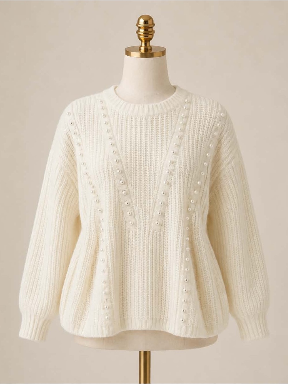 Suzy Shier Cream Pearl-Embellished Ribbed Crew Sweater